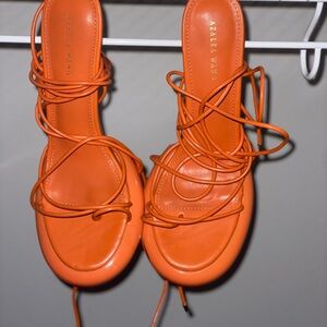Orange Heeled Strappy Shoes with Glossy Finish
